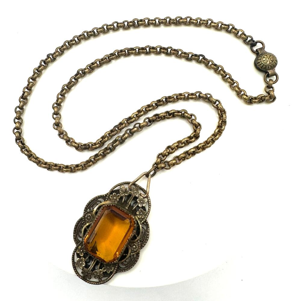 Antique Art Deco 1920s brass amber topaz Czech glass pendant 18” chain necklace